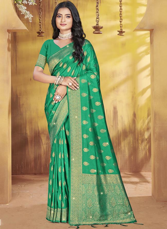 Silk Teal Festival Wear Zari Work Saree